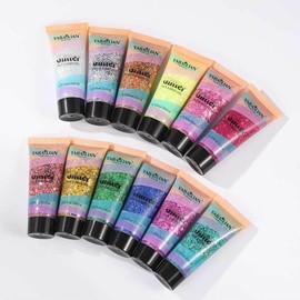 EnMart Body Glitter Gel, Face Glitters Body Gel Sequins Shimmer Liquid Eyeshadow, Holographic Body Glitter Gel for Body, Face, Hair Nail, Women, Color Changing Glitter Gel Under Light, 26g(A)