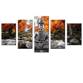 AWLXPHY Decor Buddha Waterfall Wall Art Canvas Painting Framed 5 Panels for Living Room Decoration Modern Landscape Buddha Trees Zen Stretched Artwork Giclee (Yellow, 80"x40")