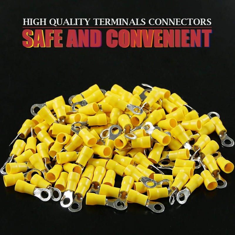 Hilitchi 100Pcs 12-10AWG Insulated Terminals Ring Electrical Wire Crimp Connectors