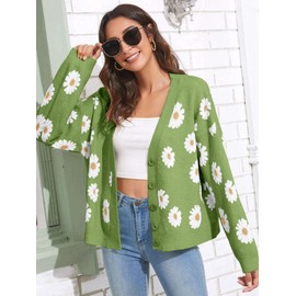 Women's Floral Print Cardigan Long Sleeve Open Front Button Down V Neck Knitted Sweaters