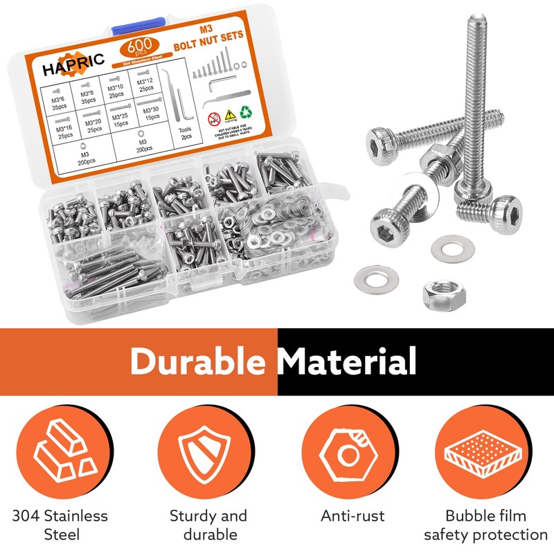 Hapric 600 Pcs M3 Screws Assortment Kit Metric Screw Kits