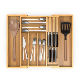 Thalomely Bamboo Kitchen Drawer Organizer, Expandable Utensil Organizer with Removable Knife Block, Cutlery Tray Holder with Divider,Adjustable Silverware Organizer