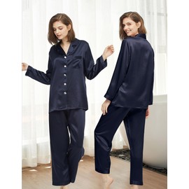 LilySilk Silk Pajamas for Women Button Up Pajamas Set for Ladies Girls Soft Maternity Pajamas Birthday Bridal Party Gift for Christmas Anniversary Valentine's Day,Navy Blue L