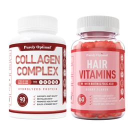 Purely Optimal Purely Optimal Premium Multi Collagen Peptides Capsules (Types I, II, III, V, X) + Premium Hair Vitamins Supplement-Gummy Vitamins w/Biotin, Folic Acid, Vitamins A&D