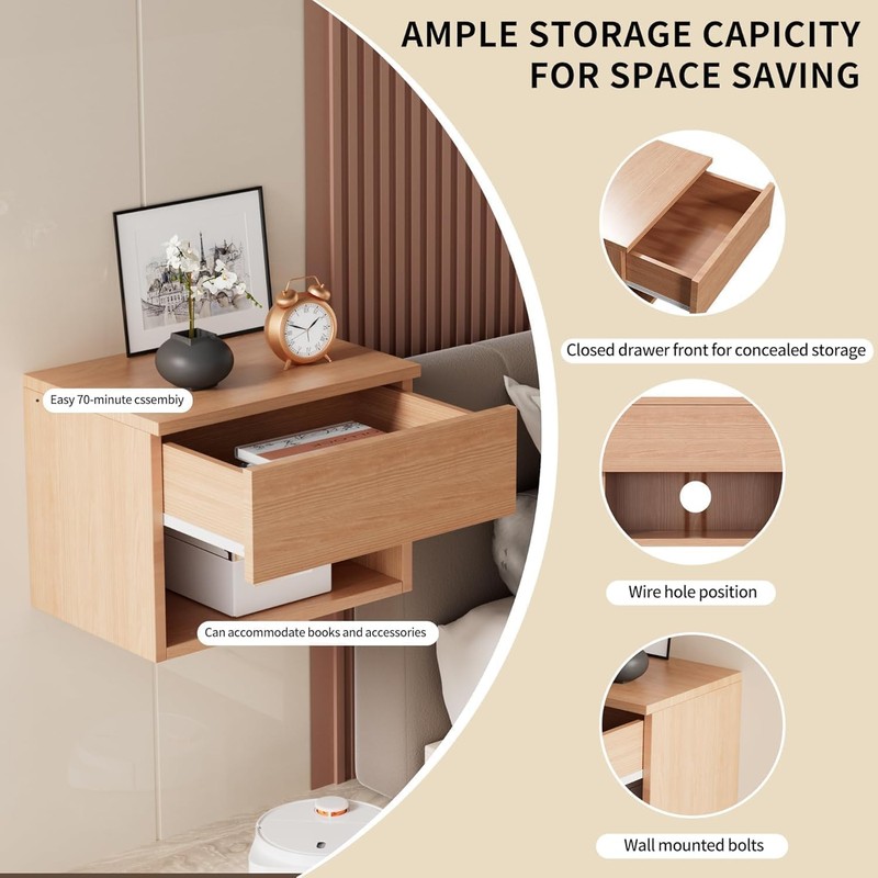 Floating Nightstand, Modern Wall Mounted Bedside Table with Drawer, Wood