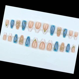 Almond Press on Nails Medium Fake Nails with 3D Bow Starburst Design Glue on Nails French Tip Glossy Acrylic False Nails for Women 24 Pcs