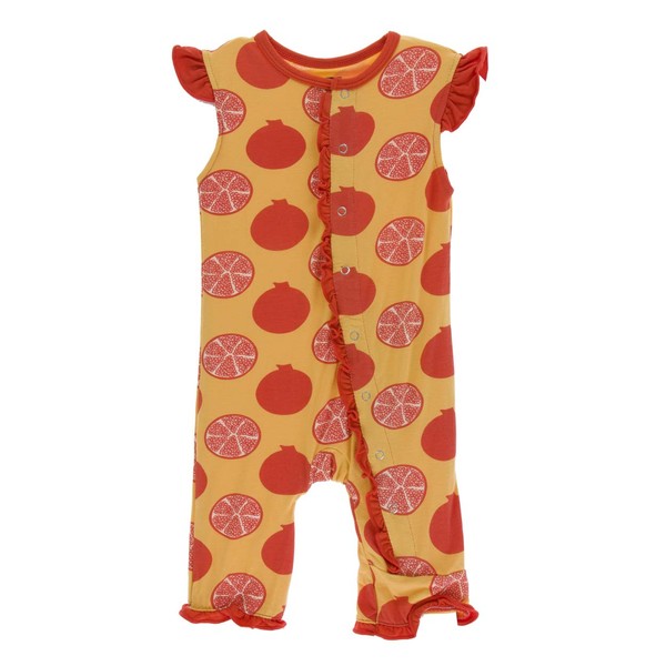 KicKee Pants Print Ruffle Tank Romper in Marigold Pomegranate