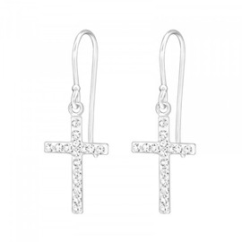 Small Sterling Silver Sparkly Crystal Cross Dangling Earrings