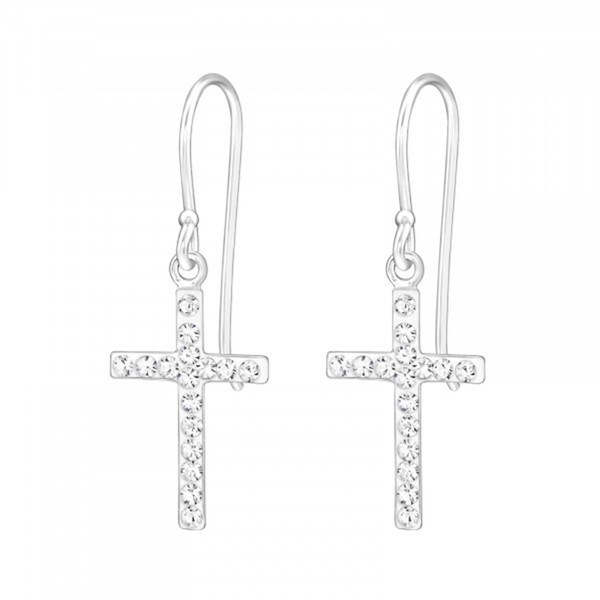 Small Sterling Silver Sparkly Crystal Cross Dangling Earrings