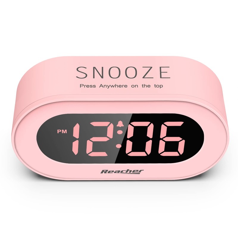 REACHER Pink Girls Alarm Clock for Kids Bedroom, Dimmable LED