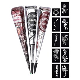 eLander 3 x Henna Temporary Tattoo Natural Tattoo + 10 x Henna Tattoo Stencil, Temporary Mehndi Tattoos, Natural Cones, Tattoo Stickers, Temporary Tattoo (Black, Brown, Red Brown)