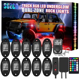 【Clear Stock】 10-pods Trucks LED RGB Neon Underglow Rock Lights Kit, 【Dual-Zone】+【160LEDs】+【2-in-1 Line】 Sync Music Under Wheel Well Lights Waterproof 12V with APP/RF/IR for CAR ATV UTV SUV