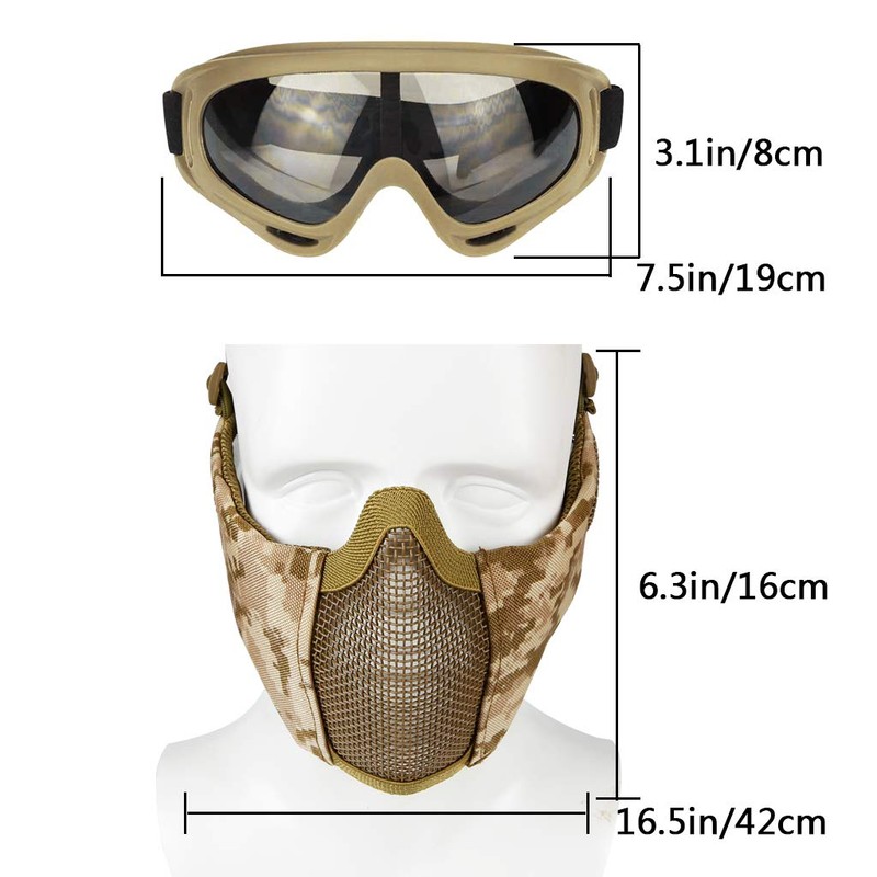 Airsoft Mask with Goggles, Foldable Airsoft Mesh Mask with Ear