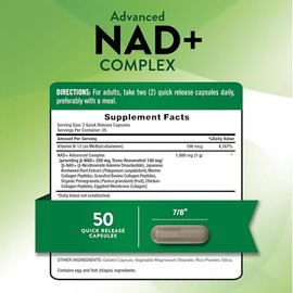 Nature's Truth Complejo avanzado NAD+ | 1,000 mg | 50 cápsulas | Con colágeno y resveratrol | Suplemento sin OMG y sin gluten