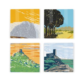South of England Ceramic Coaster Set - Cornwall Dorset Somerset Devon Landmarks/Landscapes Square Set of Four (4) Coasters Gift