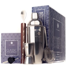 Rusty Barrel Mayfair Cocktail Shaker Set - Large Manhattan Style Stainless Steel Shaker, Wooden Muddle, Sieve, Jigger (Measuring Cup, Bar Measures), Pourer, Spoon and Recipe Book in Luxury Gift Box