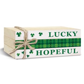 3 Pcs St Patricks Day Decorative Books for Home Decor, Mini Faux Books Decoration, Lucky Hopeful Wooden Books Tiered Tray Decor, Stacked Books for Decorating Living Room Bookshelf Fireplace（B009）