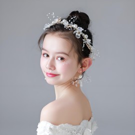 SAPOSTA Tocado Para Niña De Las Flores, Accesorio Para El Cabello, Diadema De Boda Para Niñas, Accesorio De Princesa Con Perlas De Cristal Para Cumpleaños, Fiestas, Primera Comunión Y Bodas (C#Blanco,