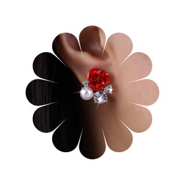 TseenYi Red Rose Flower Earrings Crystal Flower Pearl Studs Earrings Red Flower Cz Earrings Floral Rose Earrings Sparkly Crystal Pearl Earrings Jewelry for Women and Girls