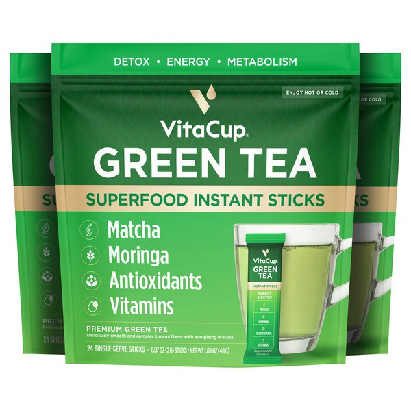 VitaCup Green Tea Instant Packets, Enhance Energy & Detox with Matcha, Moringa, B Vitamins, D3, Fiber, Keto, Paleo, Vegan in Tea Powder Single Serving Sticks, 72 Ct