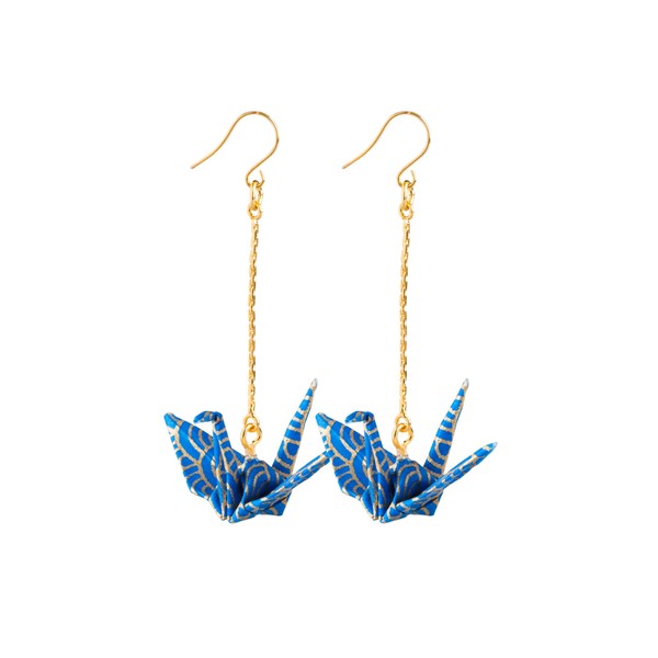 Dangle & Drop Earrings Origami Paper Craner (Color - Blue Wave) long chain | Made in Japan Hypoallergenic Chandelier Cluster Earrings, Surgical Stainless Steel / for Women Girl