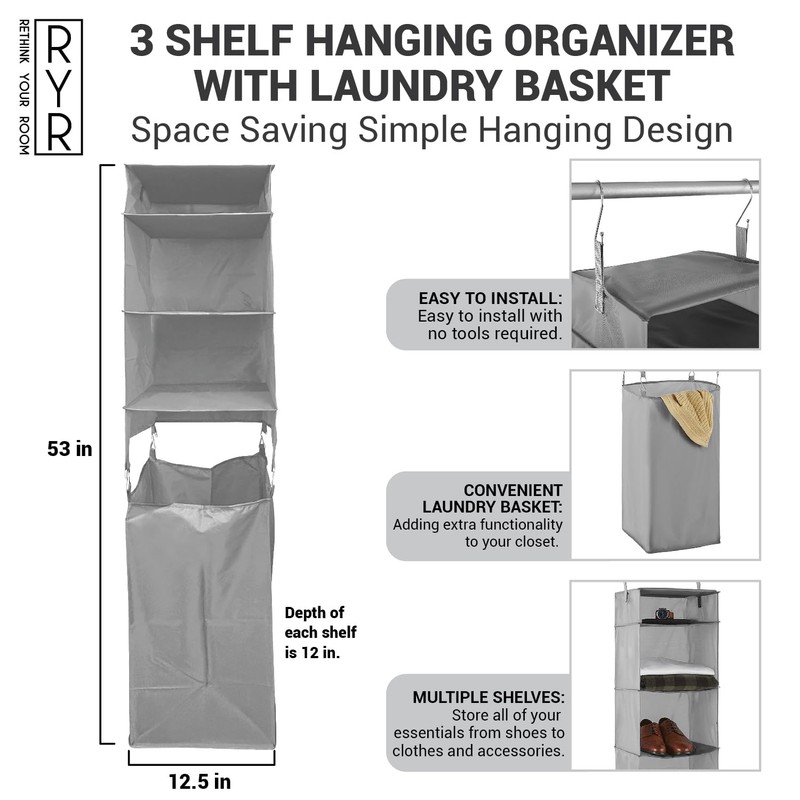 RETHINK YOUR ROOM 3 Shelf Closet Hanging Organizer, Foldable Hanging