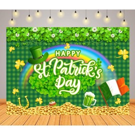 CORFOTO 5x4ft Fabric Happy St Patricks Day Decorations Backdrop Spring Bokeh Sequins Lucky Green Shamrock Photography Background Irish Party Decor Photo Booth Prop