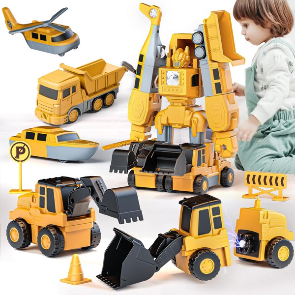 Gzsbaby Transforming Robot Toys Set for Boys, 6 in 1 Magnetic Construction Trucks Transform Robot Play Vehicles with Storage Box, Birthday Gift Toys for 3 4 5 6 7 Year Old Boys Girls