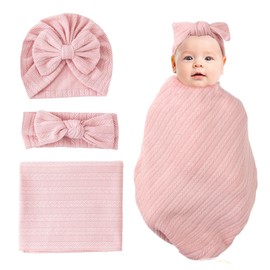 Jastore Baby Infant Swaddle Blankets for Girls 3PCS Newborn Accessories Set with Matching Hat and Bow Headband (Pale Pink, 33"*35")