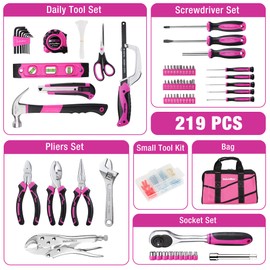 ValueMax Pink Tool Kit, 219-Pieces Home Repairing Tool Set, Household Tool Kit with Wide Mouth Open Storage Bag, Household Hand Tool Set for DIY, Gifts and Basic Home Maintenance