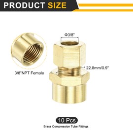 sourcing map 10Pcs Brass Compression Tube Fitting, 3/8" Tube OD x 3/8" NPT Female Connector Straight Coupling Adapter Union Fittings
