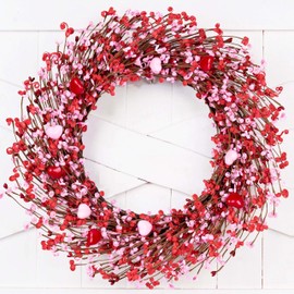 WSTPUPU Valentine's Day Wreath 20 Inch Valentines Day Wreaths for Front Door Handmade Red Heart Shaped Berry Wreath with Pink Love Heart Berries for Valentine Party Anniversary Candlelight Dinner