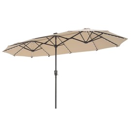 MFSTUDIO 13ft Double-Sided Patio Umbrella w/Solar Lights, Outdoor Table Rectangular Umbrellas w/ 120 LED Lights, Hand Crank for Backyard Pool, Beige