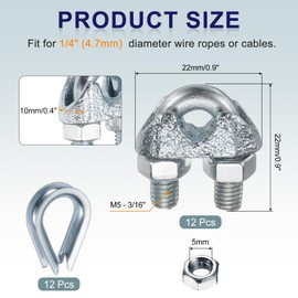 uxcell 12 Pcs M5 Steel Wire Rope Clip Clamps and Thimble Set, 3/16" Wire Rope U-Bolt Cable Clamps Saddle Fastener for Wire Rope Rigging Tent Rope Guardrail System