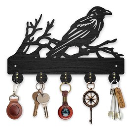 MAYJOYDIY Wood Tree Branch Crow Key Hook Animal Bird Key Holder Wall Mount 30×20cm Black Key Holder 5 Alloy Hooks Home Decor Gifts Entryway Kitchen Bathroom Storage Organizer