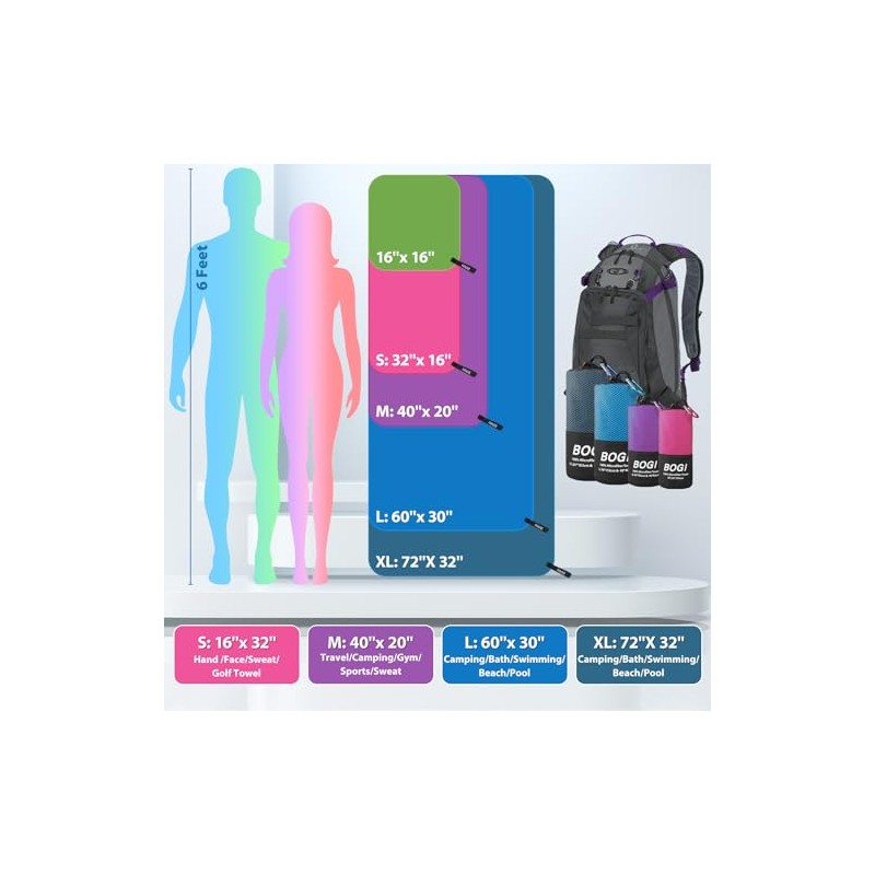 BOGI Toalla de Microfibra para Viaje/Deportes- Antibacterial, Secado Rápido, Suave,