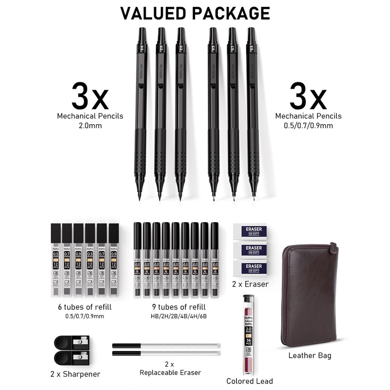 Nicpro 30PCS Black Metal Mechanical Pencils Set in Leather Case,