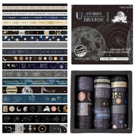 Lumbor37 20 Rollos Washi Tape Set, Cinta Washi Ancha, Cinta Decorativa de Papel, Perfecto para Diarios, Álbunes de Recortes y Manualidades DIY, con Motivos de Cielos Estrellados y Patrones Cósmico