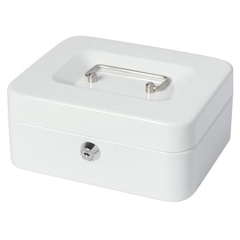 Small Cash Box with Money Tray and Lock, Lovndi Metal Money Box for Cash, Lockbox 7.87 x 6.3 x 3.54 Inches, White