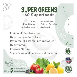 Super Greens Polvo Superfoods Con Probiticos, Antioxidantes, Fibras Y Enzimas Para Preparar Malteadas Detox Sin Azcares Ni Gluten , ms de 40...       