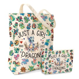 EIXU A Girl Loves Dragons Gifts Dragon Stuff Decor Canvas Tote Bag Reusable Grocery Bags With Pocket Makeup Bag Set for Work Shopping Travel Aesthetic Gifts for Women Girls Mom Birthday Friendship