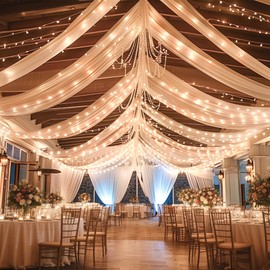 6 Panels Champagne Ceiling Drapes With Lights for Wedding 5ftx10ft Photo Backgrounds Sheer Curtains Drapery Decorations for Party Ceremony Stage Swag