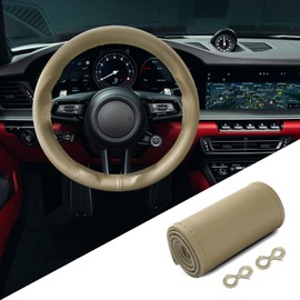 QZTYTY Genuine Leather Steering Wheel Cover, Stitch On Wrap, Hand Sewing Steering Wheel Cover with Needle Thread, Anti-Slip Car Steering Wheel Protector for Max Diameter 15 Inch (Beige, Glossy)