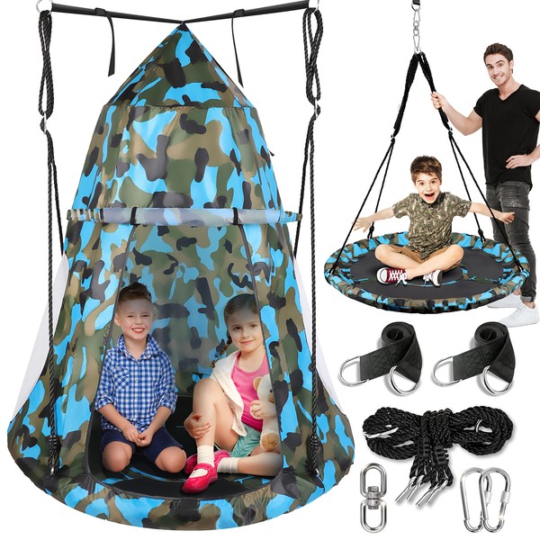 SereneLife 40”Hanging Tree Play Tent Hangout for Kids Indoor Outdoor Flying Saucer Floating Platform Swing Treepod Inside Outside House Canopy-Includes Hammock Pod Hang Kit and Swinging Swivel Spinner