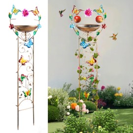 Bird Bath with Trellis for Climbing Plants Outside,Metal Antique Butterfly Heart Garden Plant Trellis with Detachable Bird Bath Bowl & Fruits Plants Support Gift Lawn Patio Garden Decor Birdbath