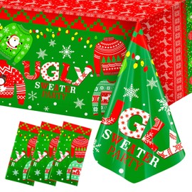 Christmas Plastic Tablecloth Christmas Table Cover Set Ugly and Sweater Party Tablecloth Xmas Sweater Table Cover Snowflake for Kids Birthday Christmas Themed Party Decoration, 108 x 54 Inches (3 Pcs)