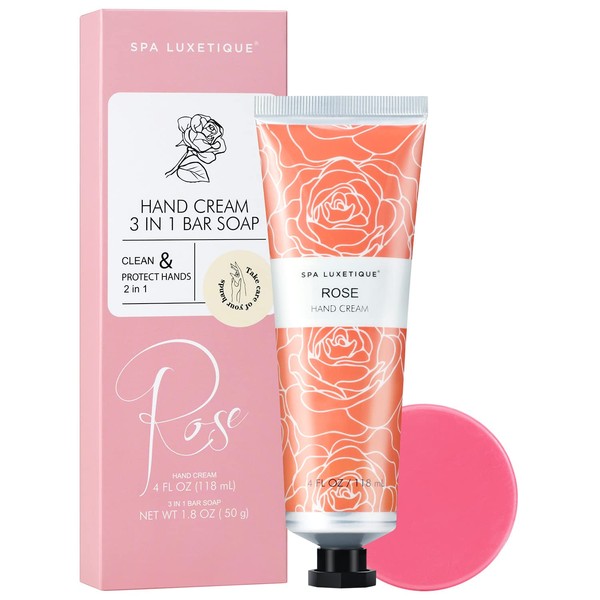 spa luxetique Hand Cream Hand Cream Set Gift Travel Size Rose Scented Hand Lotion with Natural Aloe and Vitamin E for Dry Skin| 4.2 oz/118ml Hand Lotion & 3-in-1 Bath Bar Soap