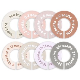 XLIUAX 8 Pcs Baby Closet Dividers, Baby Clothes Dividers for Closet Clothes Size Divider Round Labels for Sorting From Newborn to 12+ Months Fits 1.5" Rod Organize Nursery Hangers(Multicolor)