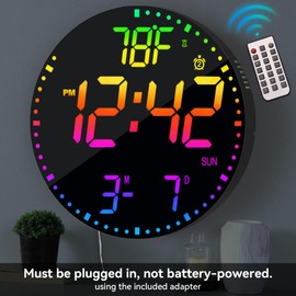 Kasbin 12 Inch Large Digital Wall Clock with Remote Control, RGB Color, Alarm, Timer, Date, Temperature, LED Display for Classroom, Living Room, Bedroom, Gift for Elderly (Black Mirror, 12")