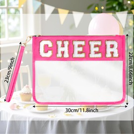Hmxpls Chenille Letter Bag, Clear Nylon Cosmetic Makeup Bag with Zipper, Varsity Preppy Patch Flat Travel Pouch for Women Girls Gift (Rose-CHEER)
